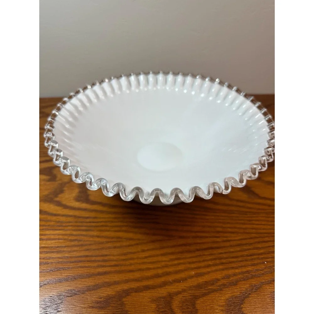 Vintage  Fenton Silver Crest Milk Glass Bowl with Ruffled Clear Edge 5823 SC 11